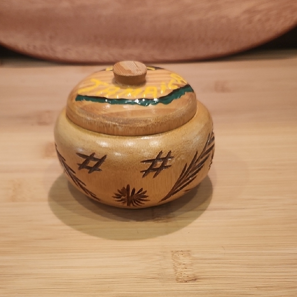 Artisan Wooden Jar with Yellow and Green Design